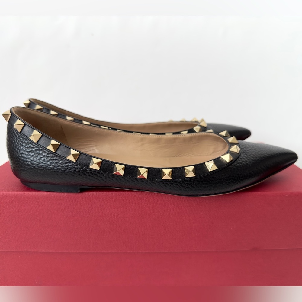 ✨Auth VALENTINO GARAVANI Rockstud Pebbled Leather Pointed Ballerina Flats 36.5 - Picture 3 of 16
